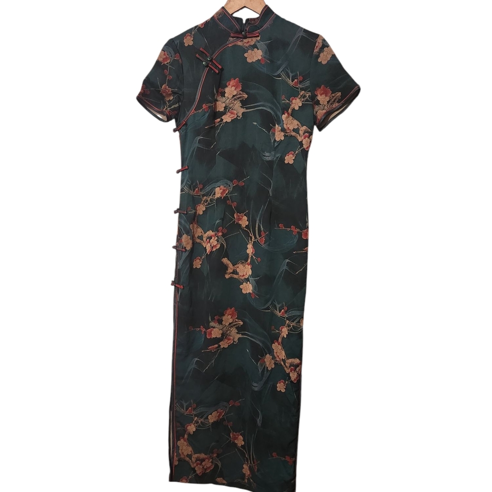 Elegant Floral Green Tang Dress